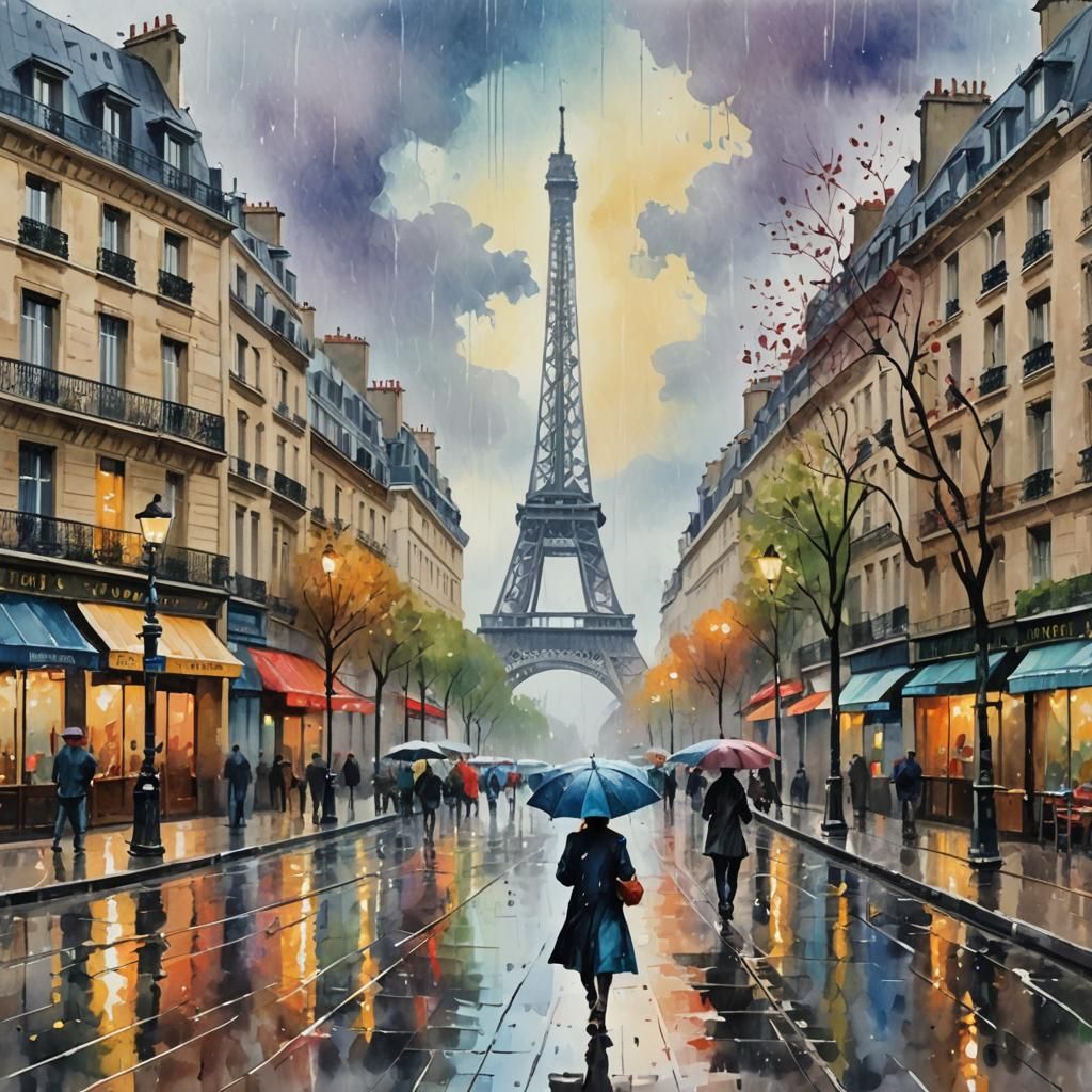 rainy day in paris in the style of a water color painting with the Eifel tower in the back  by @MichelinMan