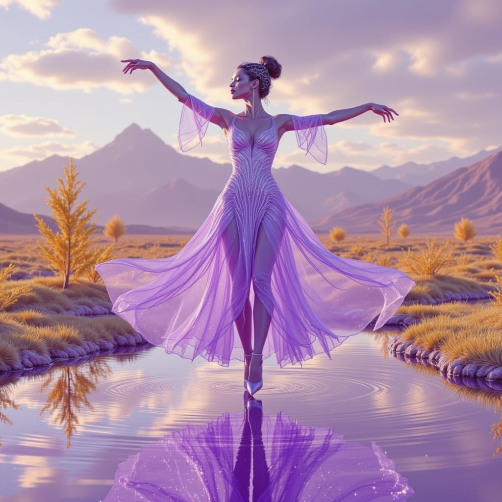 <lora:True Bioluminescence:1.0>   A goddess-like dancer suspended mid-pirouette against an otherworldly landscape of shimmering ferrofluid f...