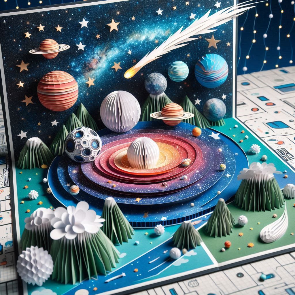 Pop-up book scenes showing a detailed galaxy with milky way, starry and a solar system 13