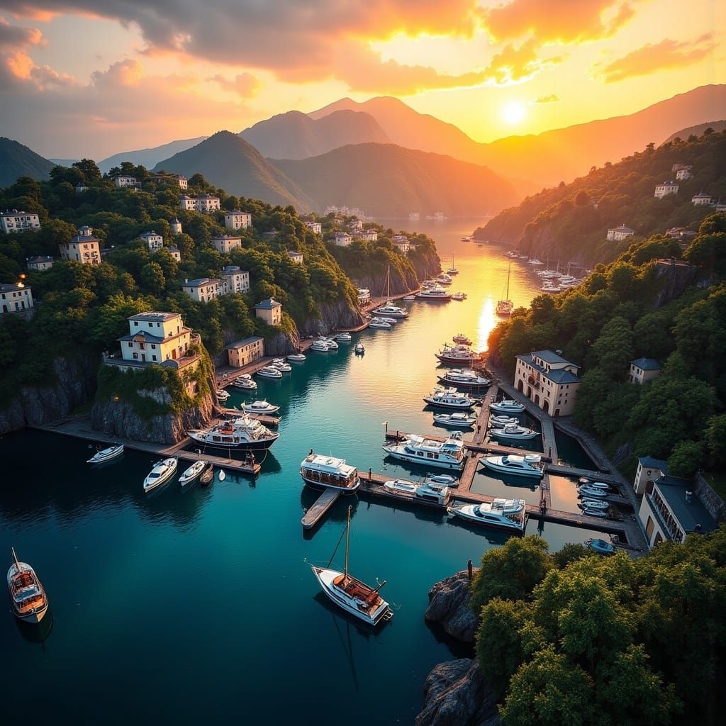 Drone view of a fantasy harbour full of boats. Beautiful landscape, sunset. <lora:Wisps of Glow:1.0> 