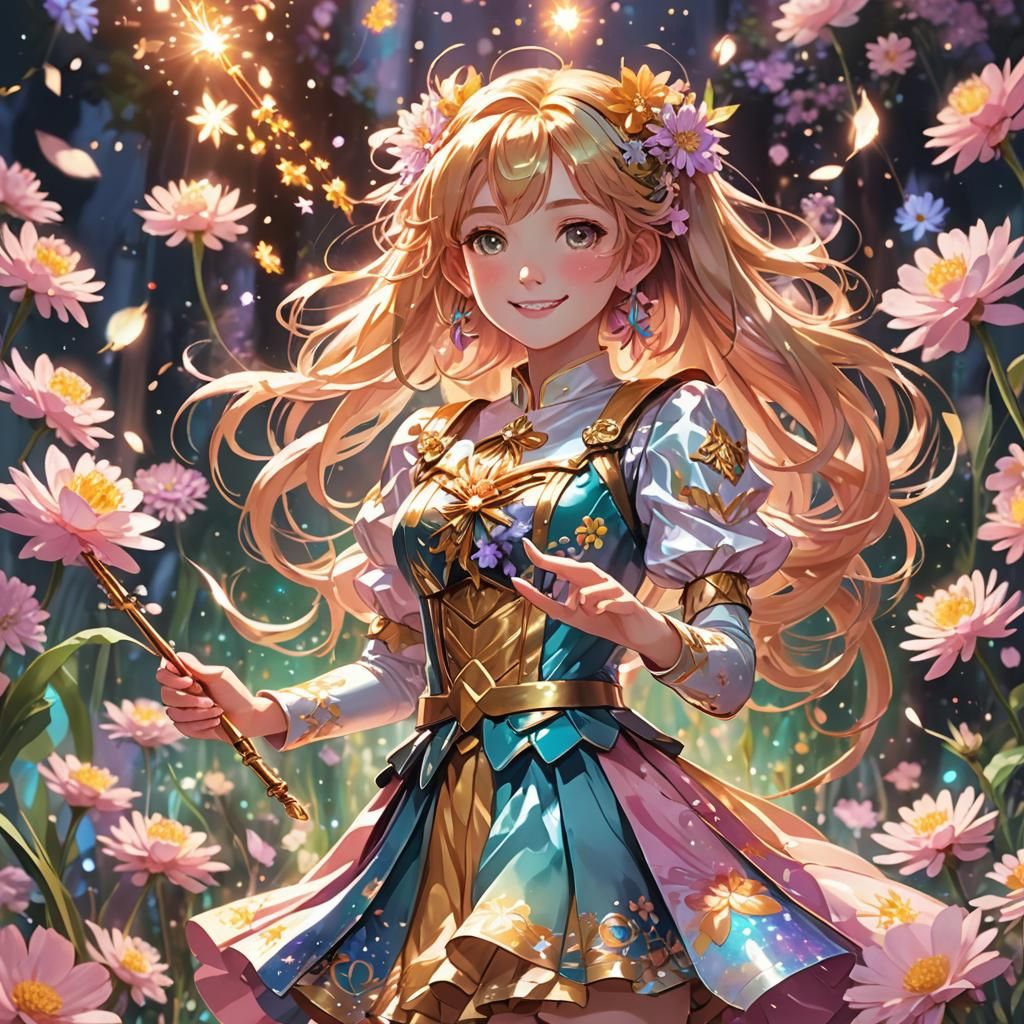 Smiling Magical Girl Surrounded by Floating Flowers