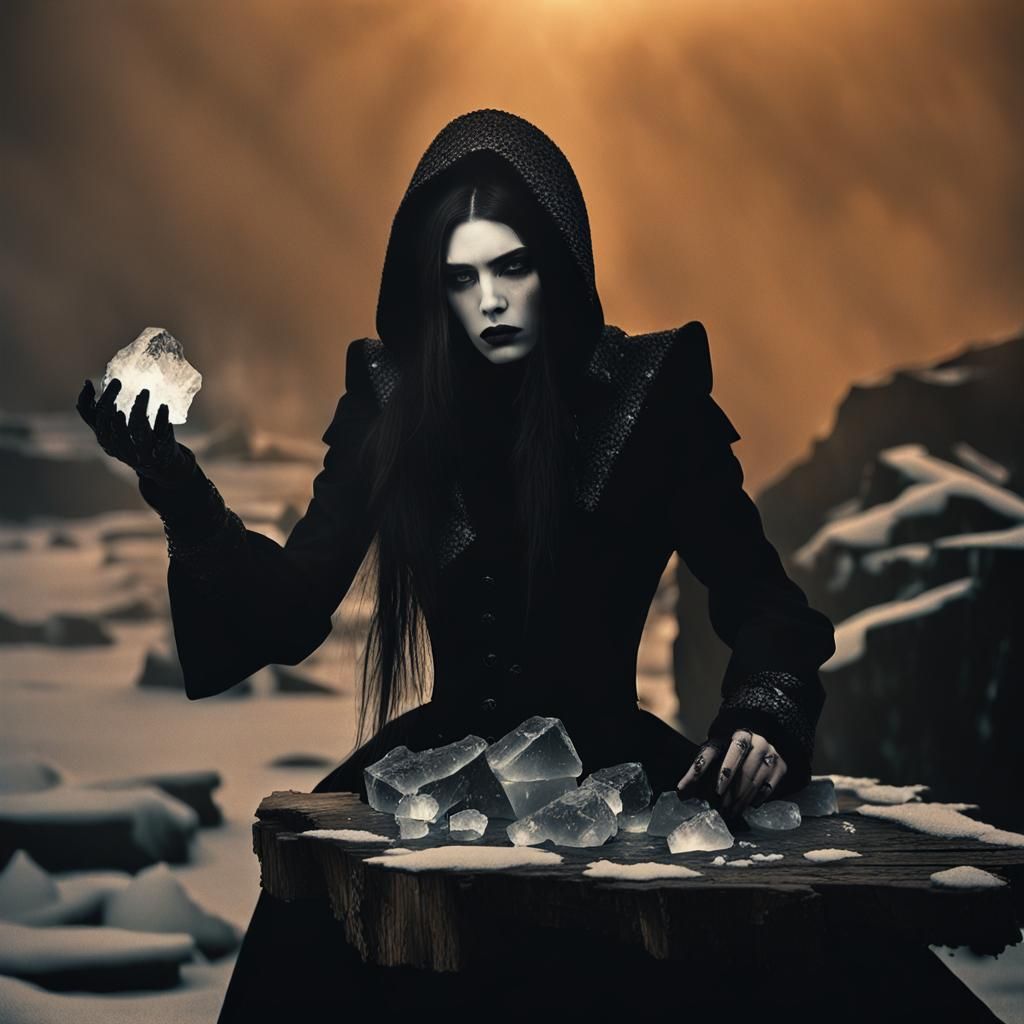 female goth fashion model. snow. ice. icebergs. fog. smoke. ...