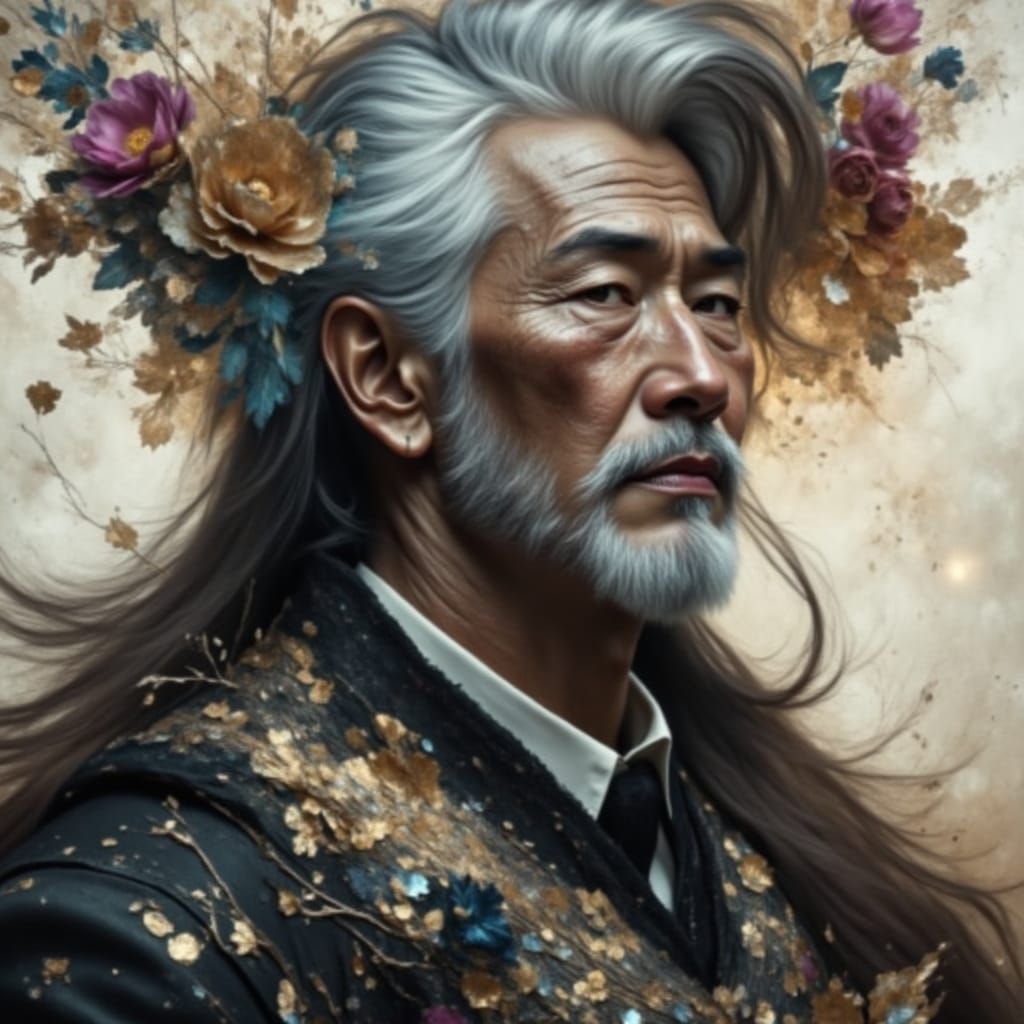 <lora:DreamweaverFlux:1.0> <lora:Exquisite Intensity:1.0> Metallic floral portrait of an Asian old man, detailed, sharp focus, metallic flow...
