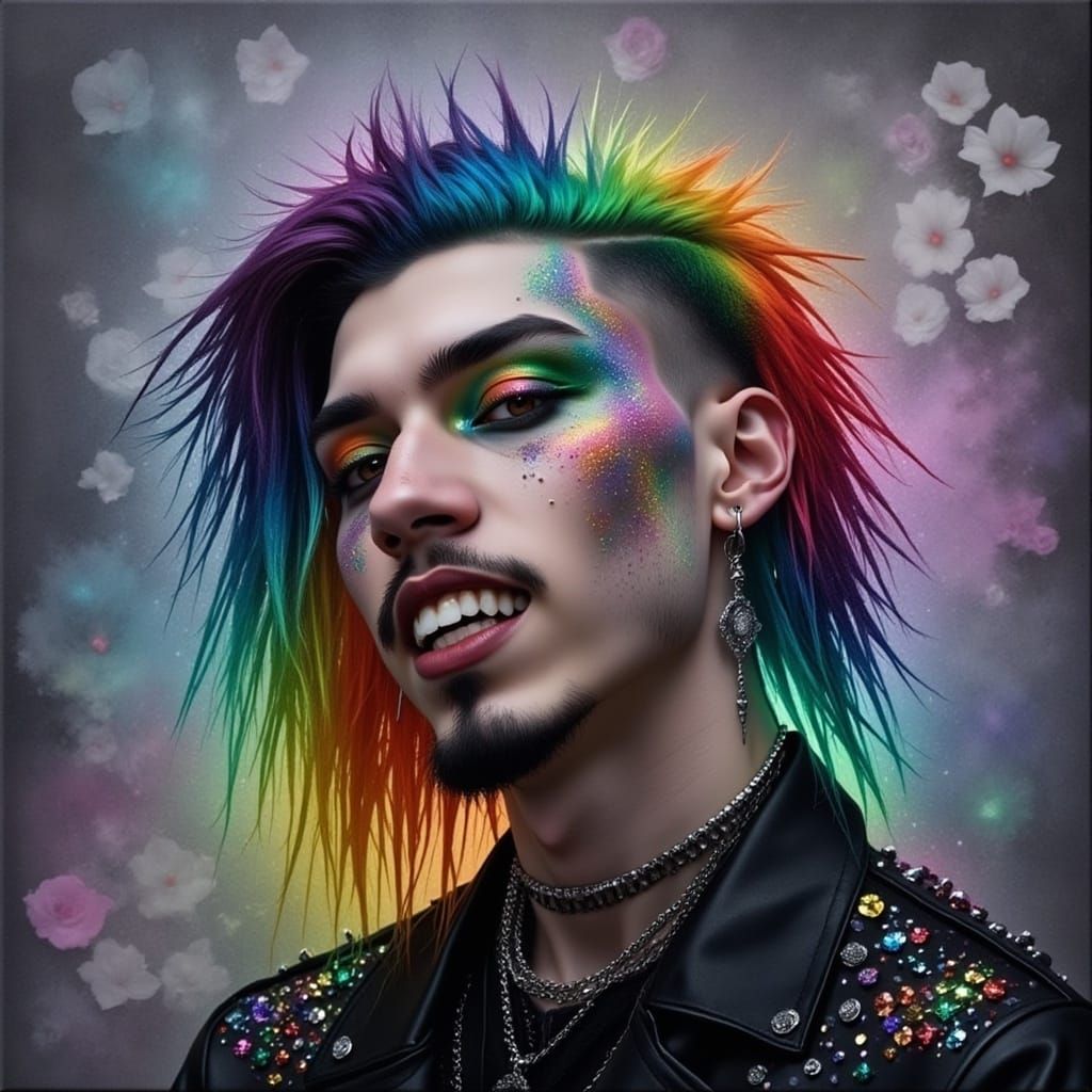 <lora:Special Intensity:1.0> Oil painting glamorous rainbow and black clothed smiling goth punk metalhead young man, glam rocker man, spikes...