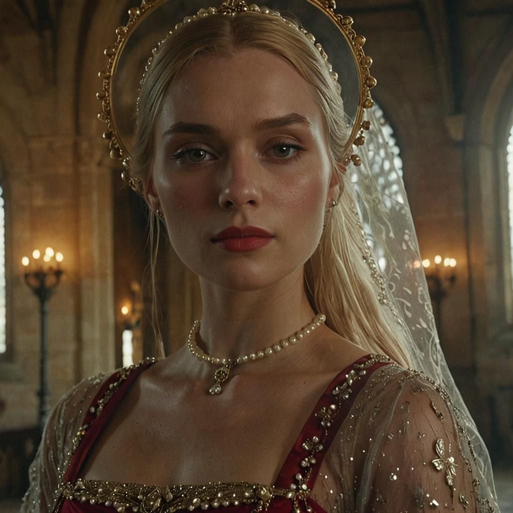 Young Queen in Medieval Hall, Photorealistic Style