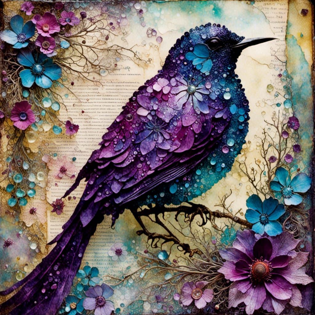 <lora:Xray:1.0> cracked and layered glass fantasy unreal bird:: highly textured art journal crackle finish, mixed media encaustic painting;...