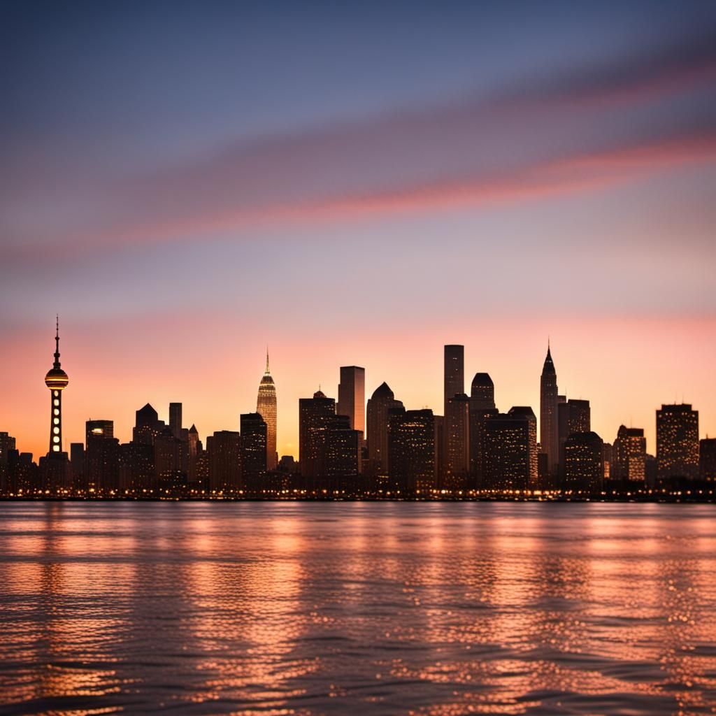 City skyline across the water at sunset