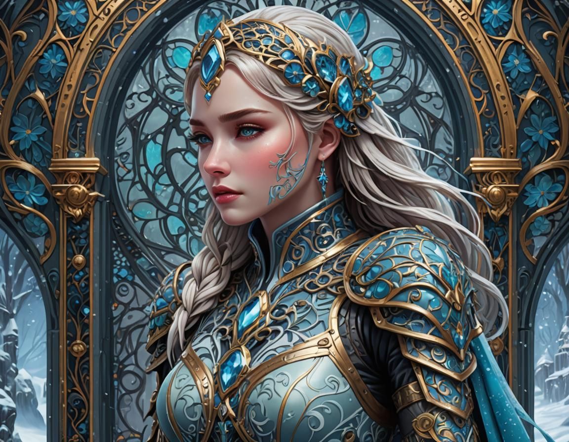 Frozen girl knight with beautiful mask, STYLE: art Nouveau