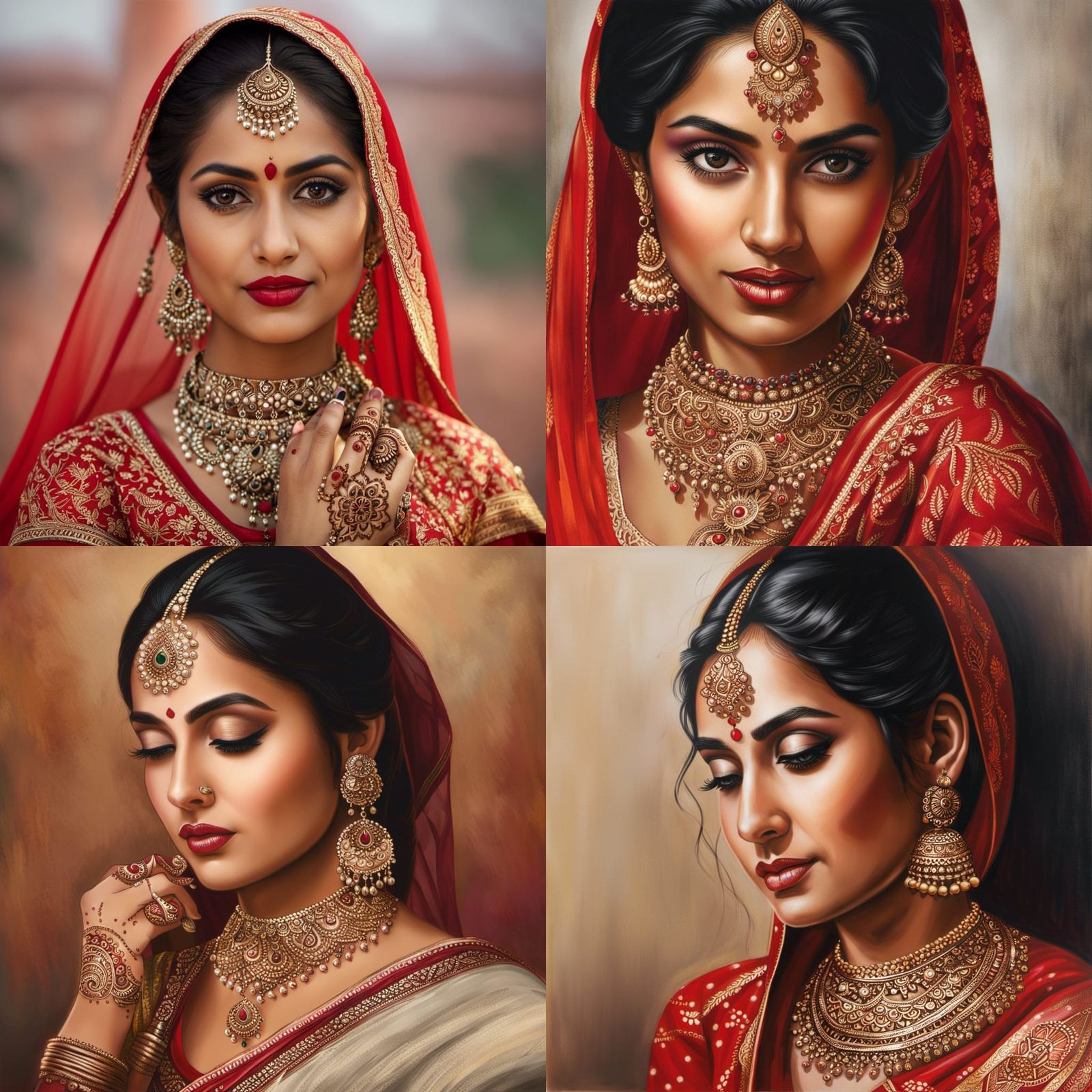 Lady from India, wearing traditional dress, henna on hands, red dot on forehead, realistic, perfect