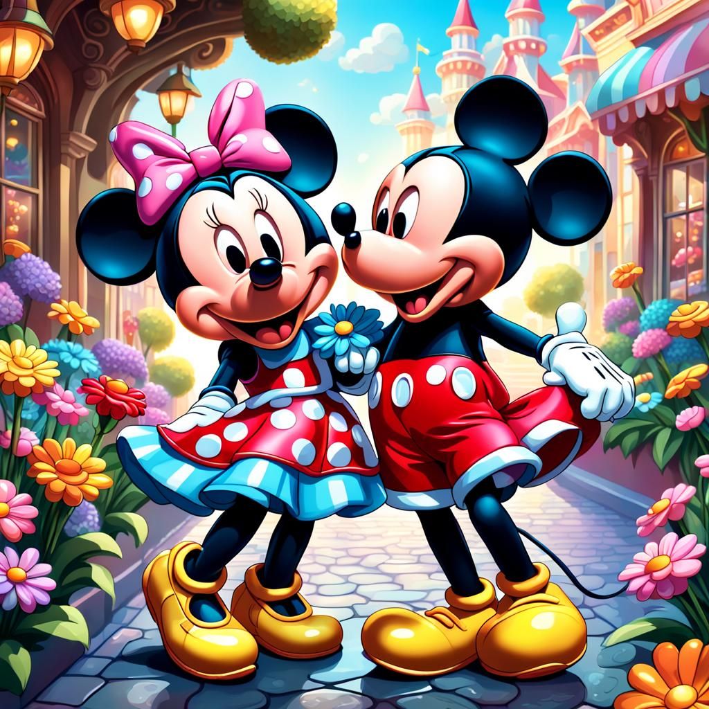 Mickey mouse posing charm and Minnie mouse holding a bunch o...