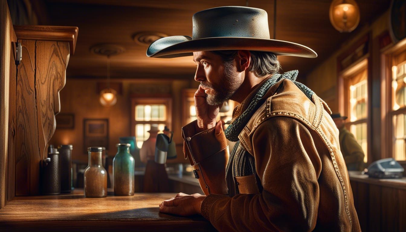 cowboy leaning against the saloon counter looking through hi...