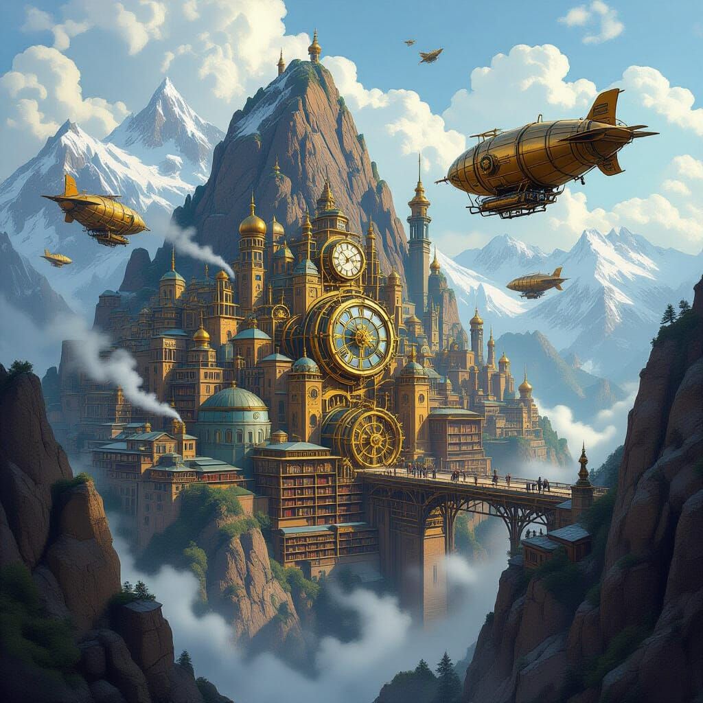 A steampunk-inspired city built within a colossal mountain, with intricate clockwork mechanisms and steam-powered airships navigating betwee...