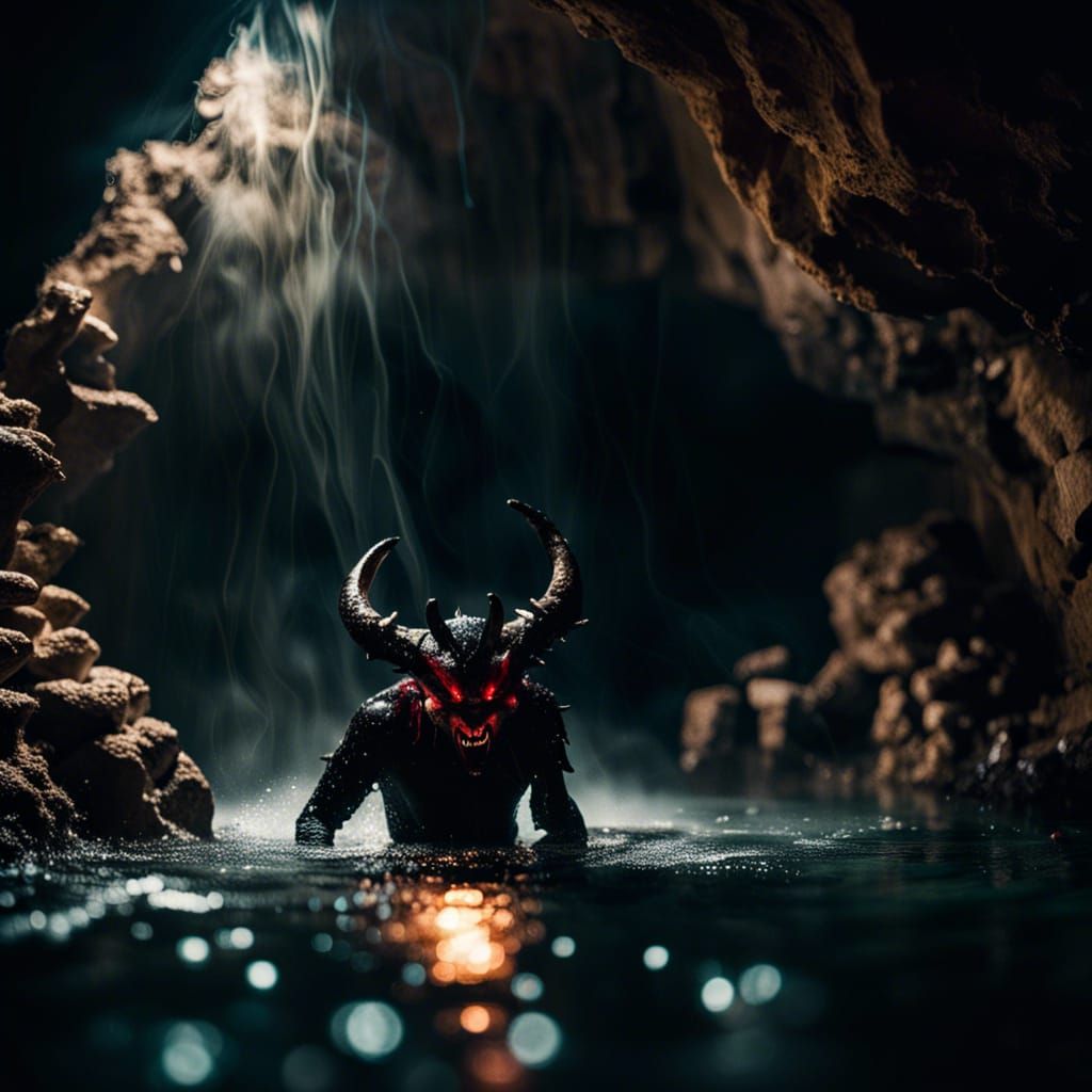 In a cave, a well filled with black water reveals a demon