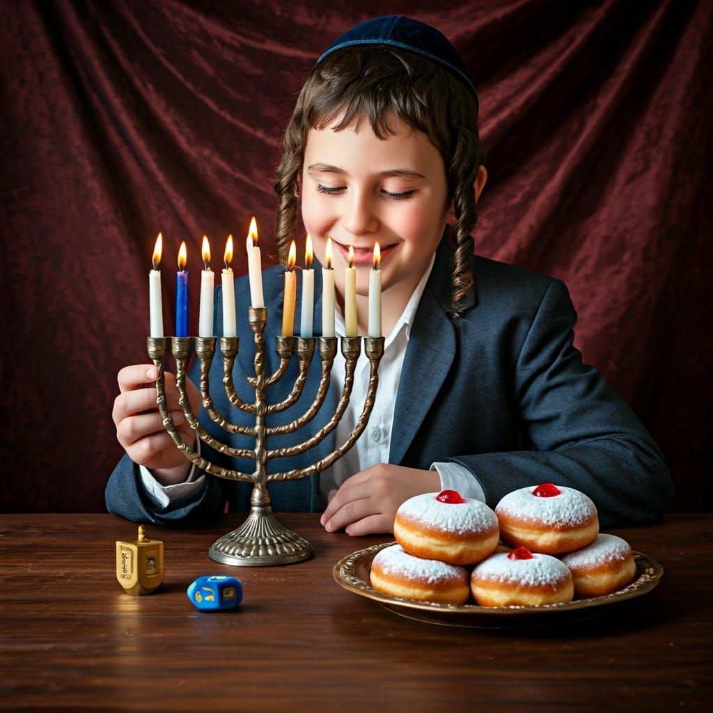 Wonderful Jewish Boy Lights Menorah in Whimsical Winter Scen...