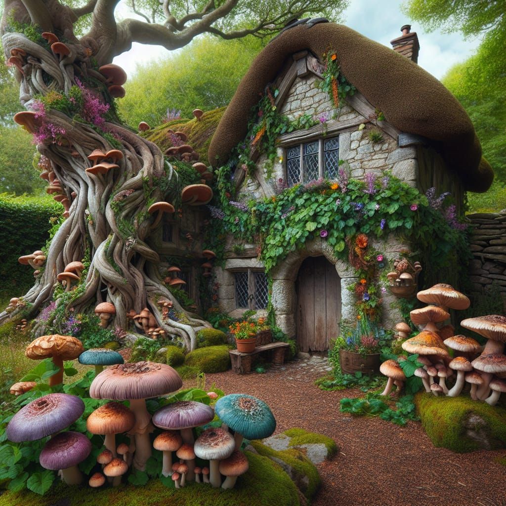 Cottage overgrown with ancient trees, flowers and mushrooms, high-fantasy 