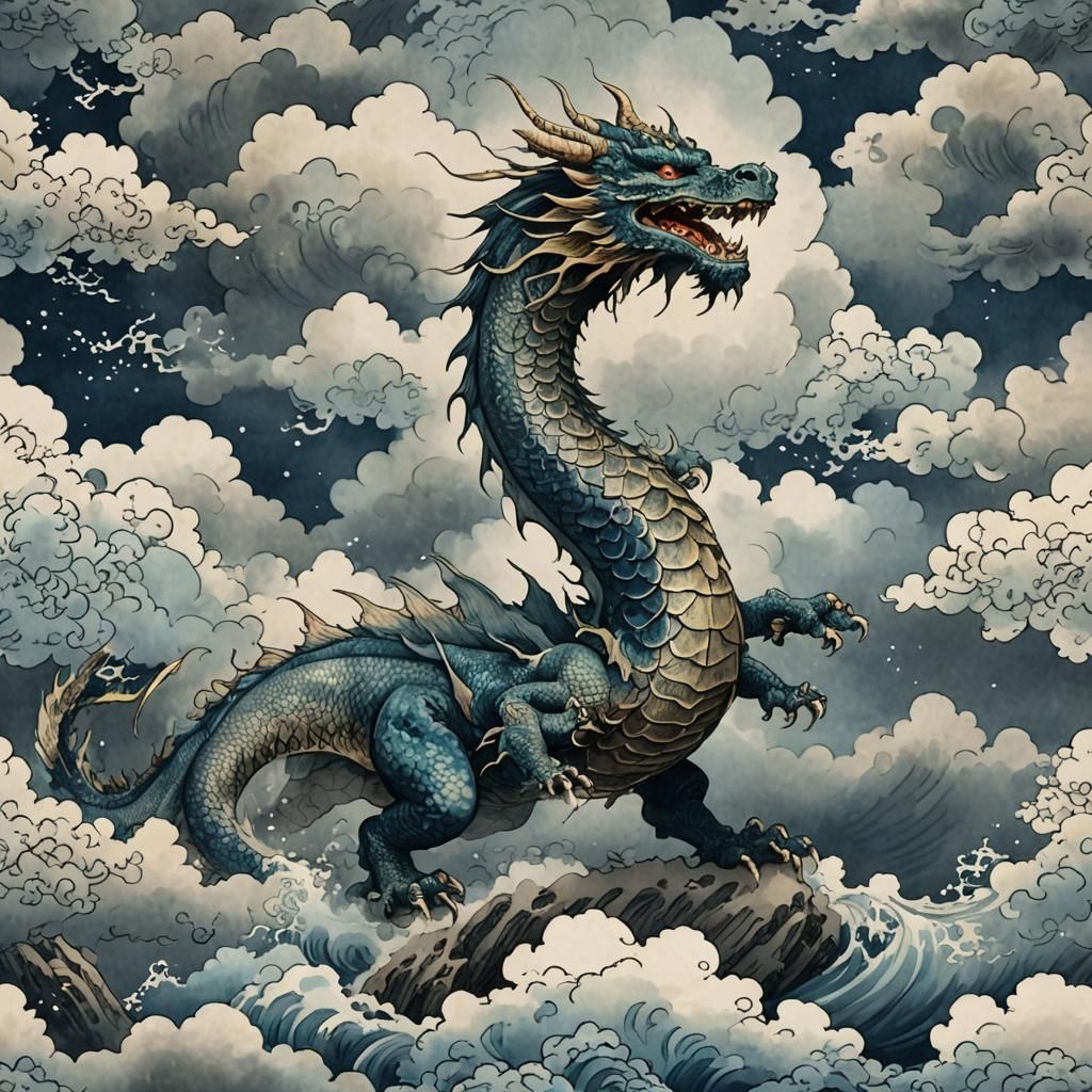 Japanese watercolor of a mystical dragon rising from the clouds 2 - AI ...