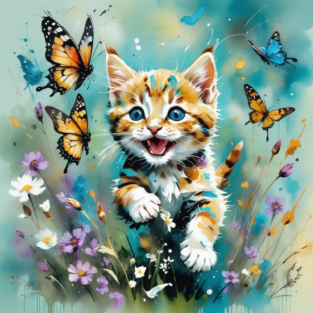 Cute Kitten Chasing Butterfly as Alcohol Ink Art