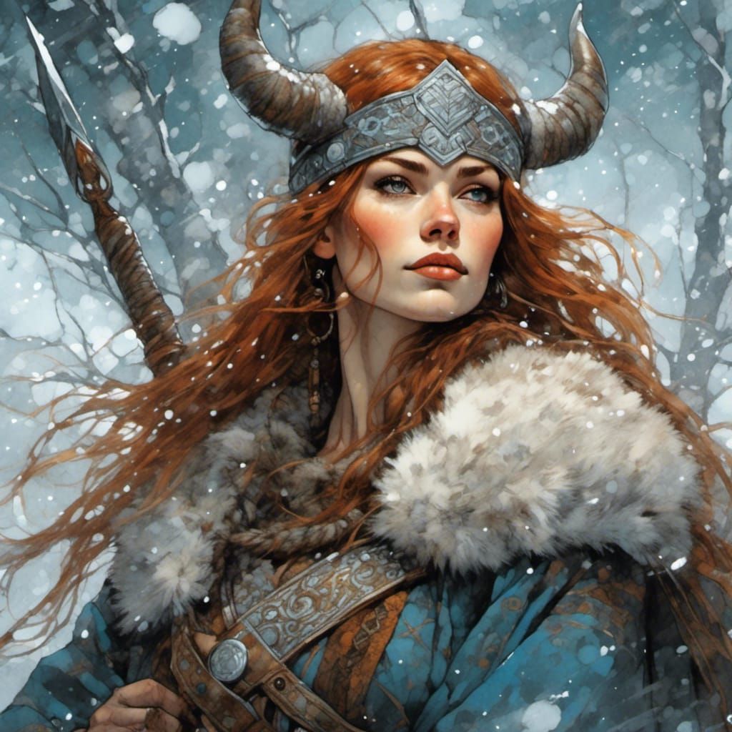 Viking woman, winter background 