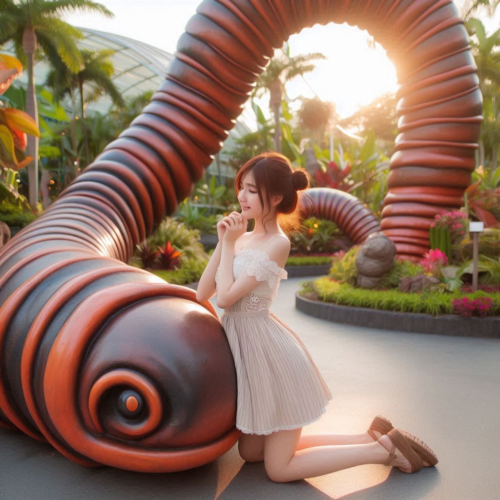 Girl with giant earthworm