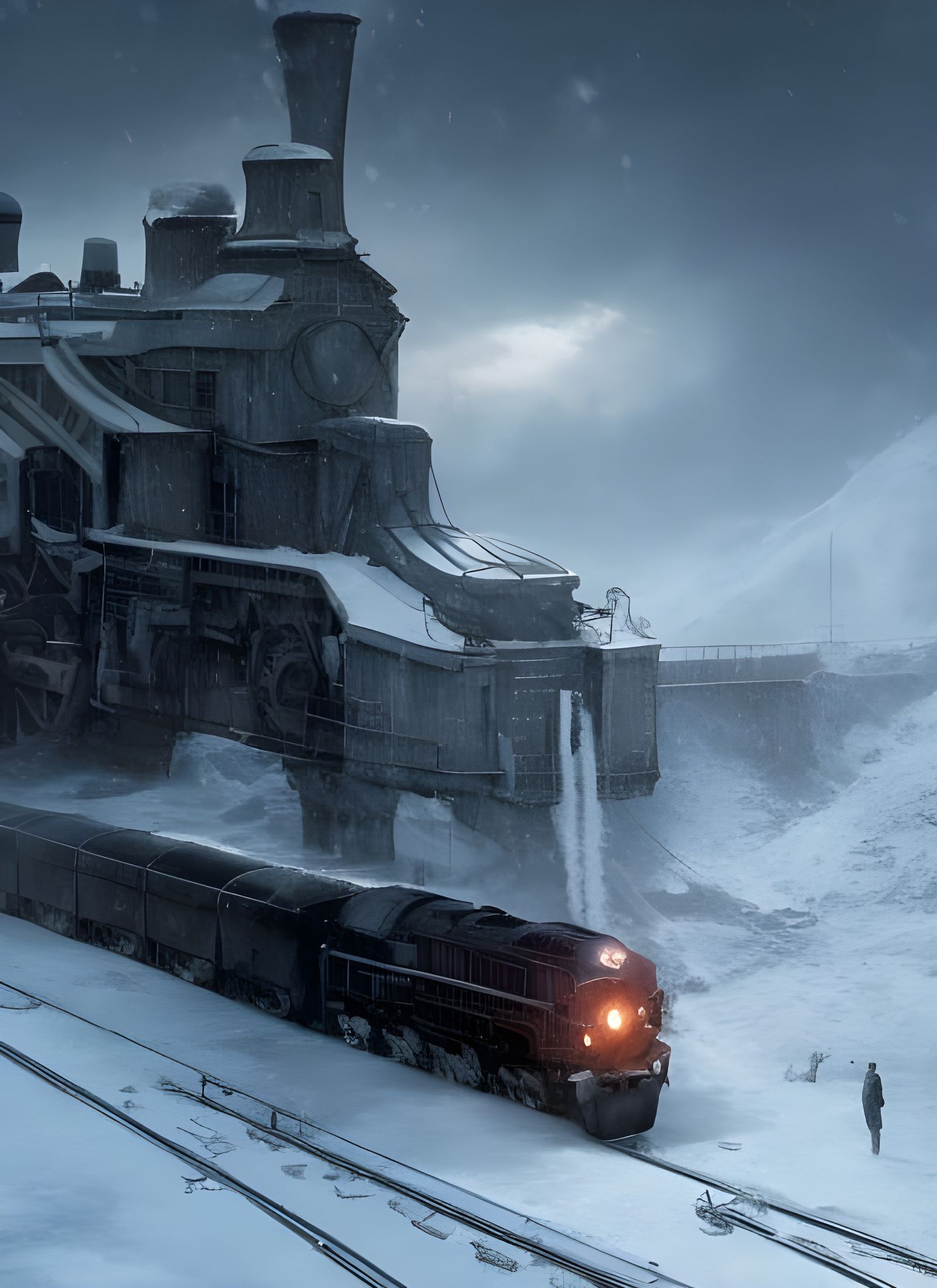 A CINEMATIC FANTASY SHOT OF A hyperdetailed train on the tracks cutting ...