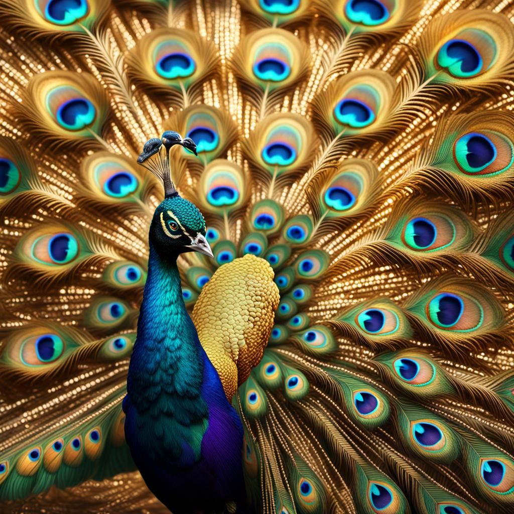 Fractal Exotic elegance, Peacock, Vibrant feathers, majestic stance, rainbow iridescent 