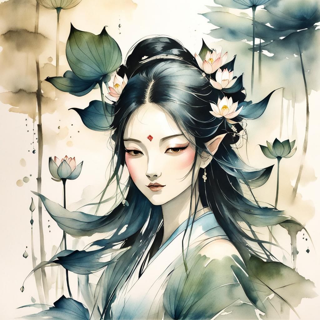 pretty water demon girl, lotus flower bunch, muted chinese i...