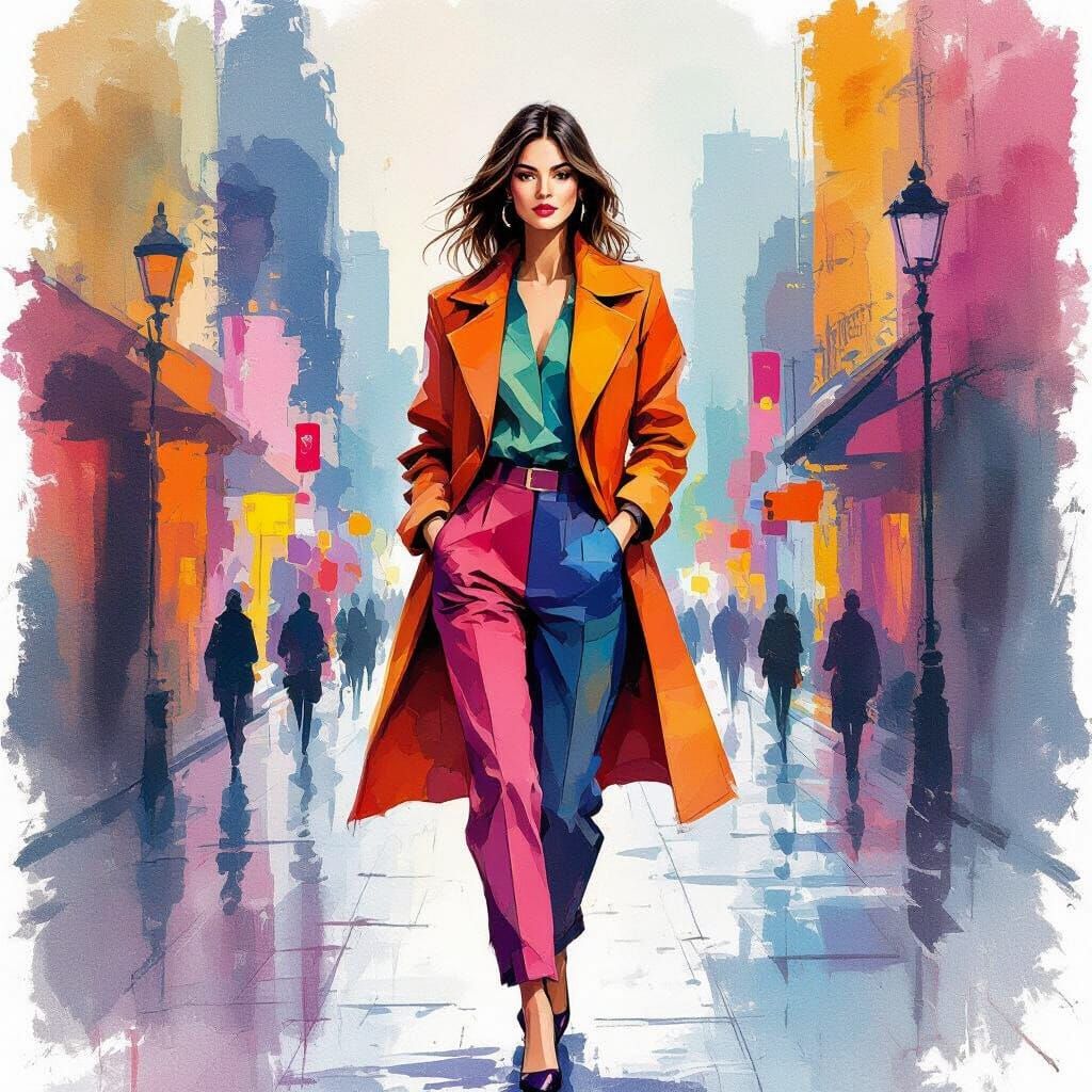 Woman in Vibrant Cityscape, Modern Watercolour Style