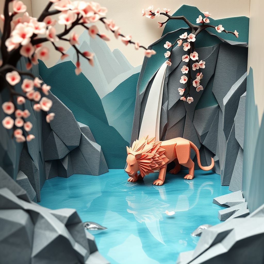 Origami Lion in Mountain Landscape with Waterfall