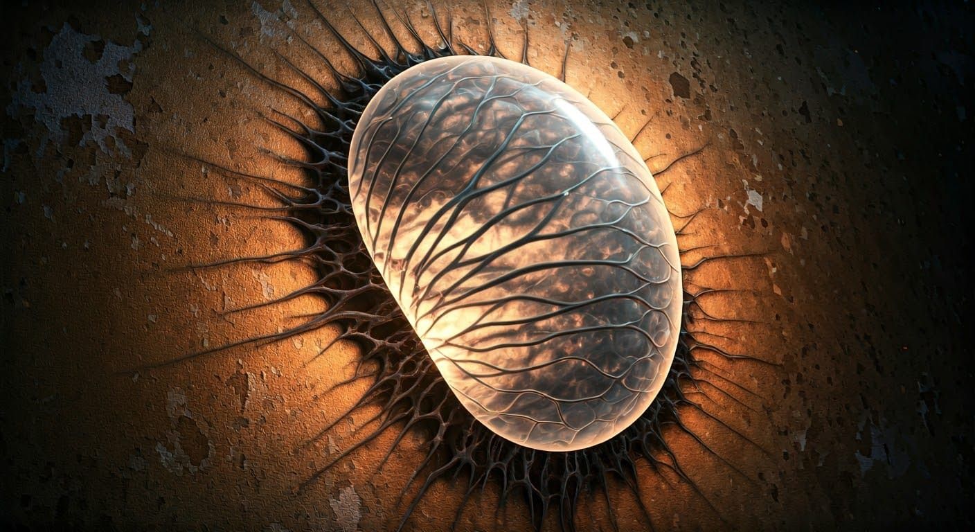 (A hyper-realistic, Close up cinematic photograph) "inside wall texture a big translucent alien cocoon, glowing softly from within with brow...