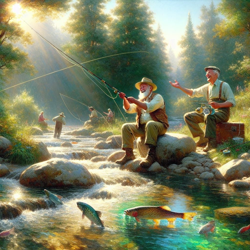 Elderly Men Fly Fishing in Impressionist Gouache