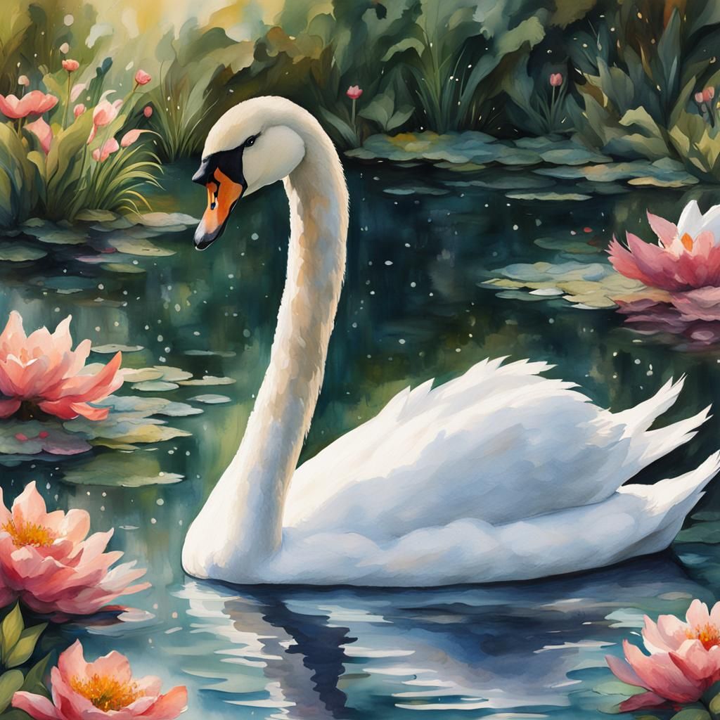 Majestic White Swan in Watercolor-Style Wildlife Art