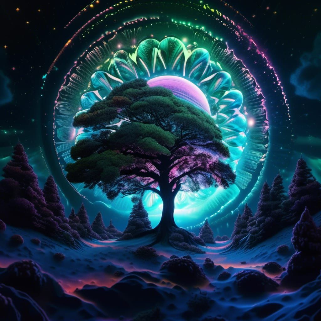 Iridescent 3 dimensional image holographic image projection hologram image projection Pine tree wrapped in fire tornado insanely intricate p...