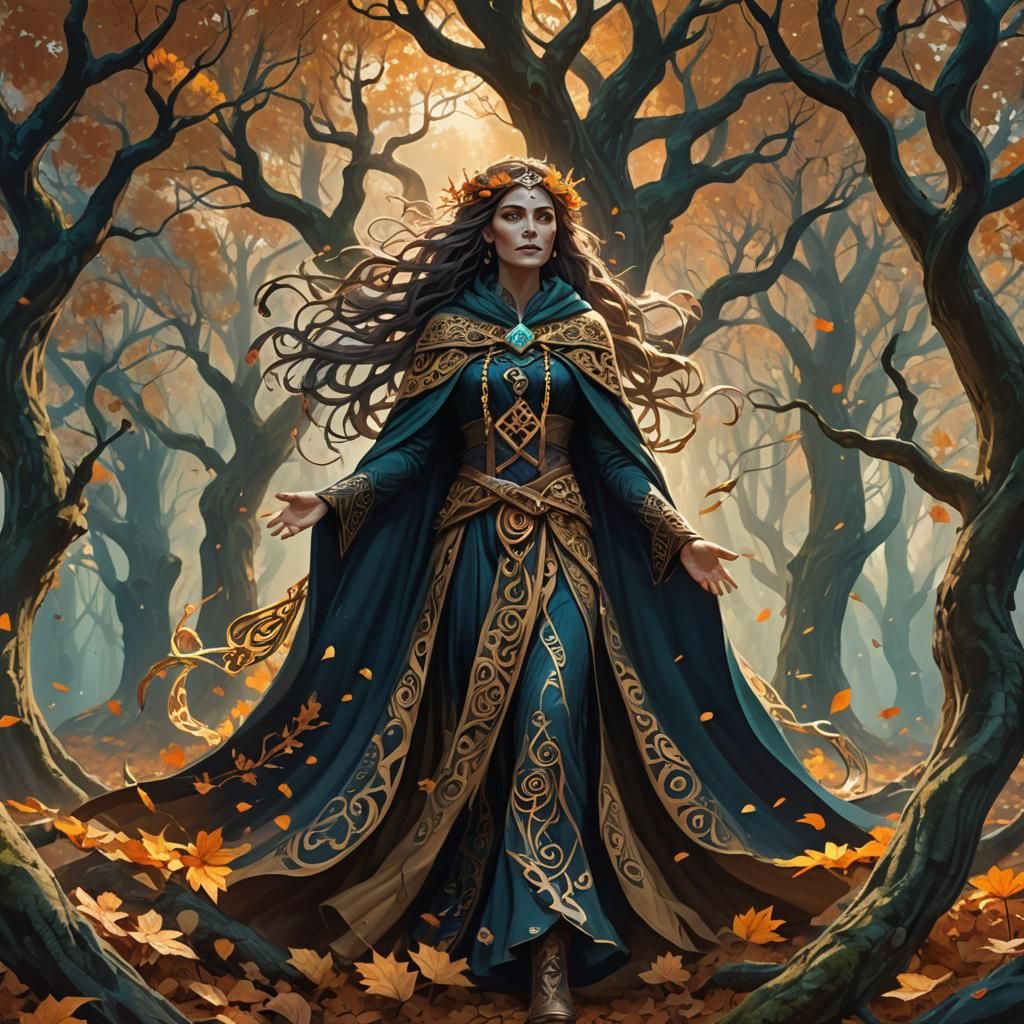 A depiction of a Celtic deity, such as the Morrigan or Cernunnos, surrounded by elements of nature.  by @Ethan Ikediashi