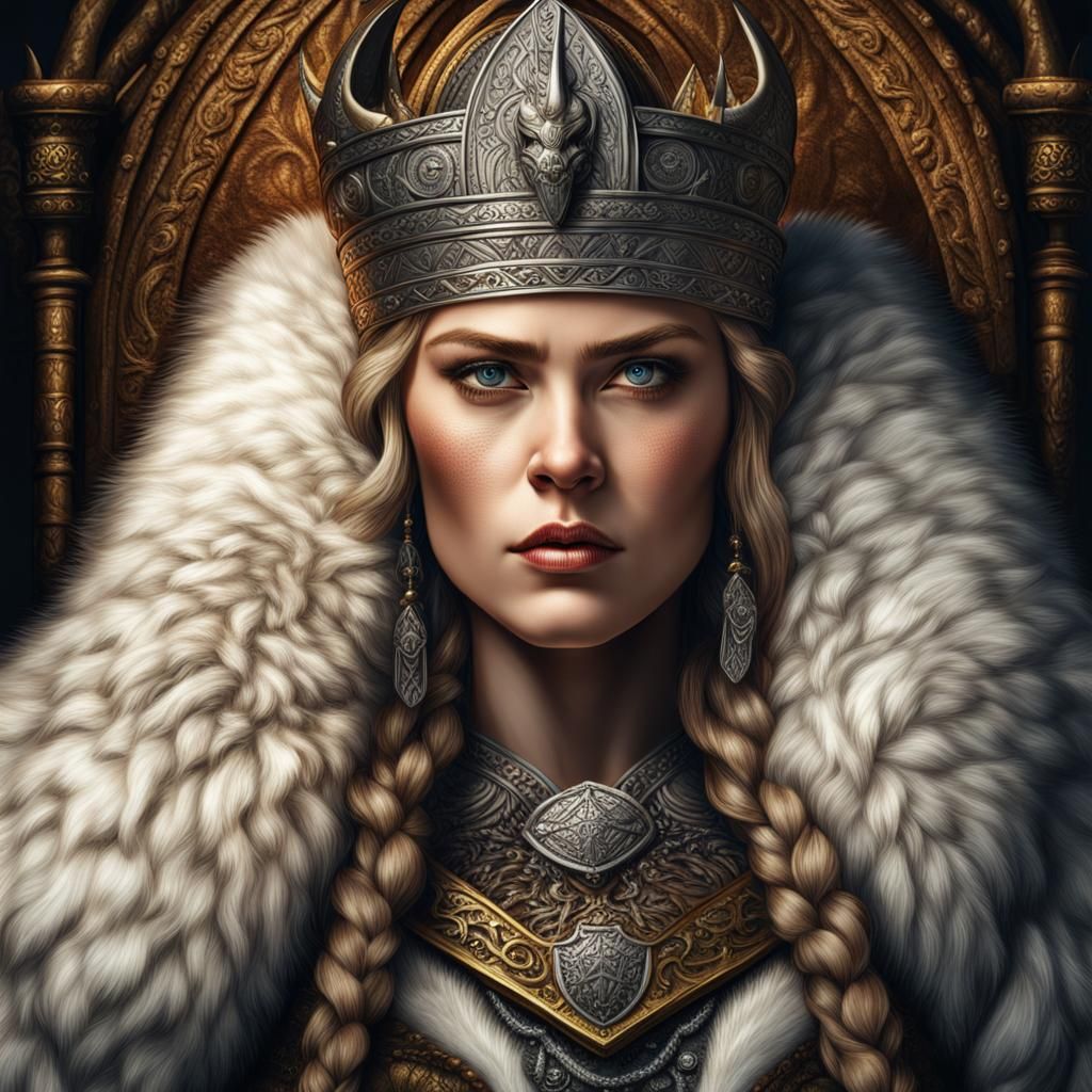 Photorealistic head and shoulder portrait of a majestic viking queen ...