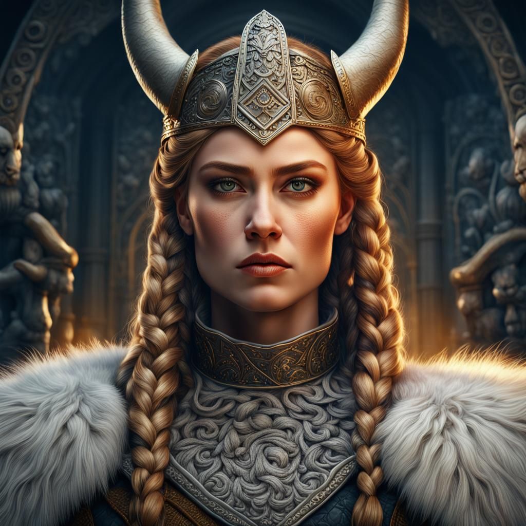 Photorealistic head and shoulder portrait of a majestic viking queen ...