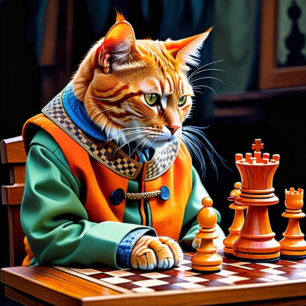 Portrait of an anthropomorphic orange cat& wooden chess tabl...