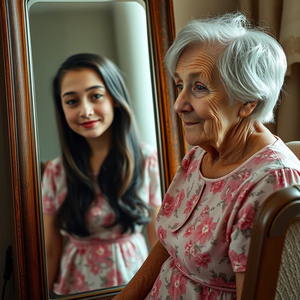 Old Woman Reflecting on Youth in Mirror