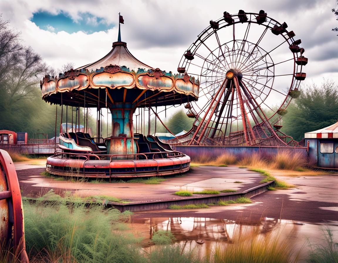abandoned theme park, old rusted broken rides merry go round...