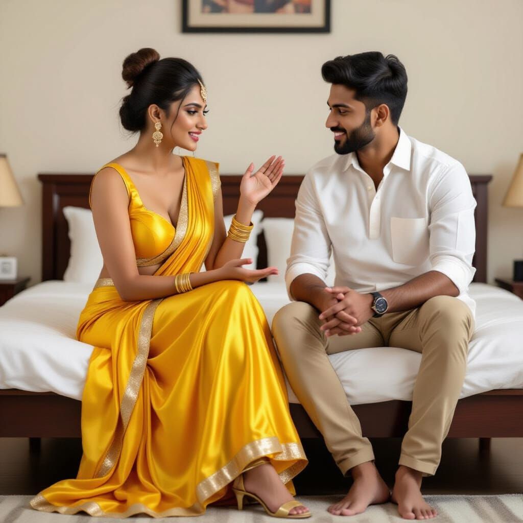 an indian woman of beauty sitting on a bed wearing a yellow silky outfit, consisting of a top and a figure hugging mini-skirt. a man is sitt...
