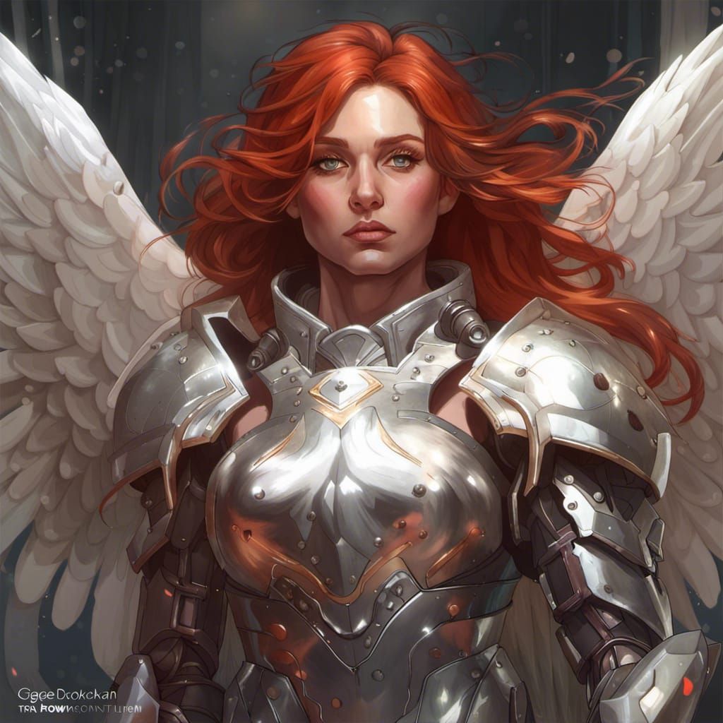 A Red Haired Female Angel With Silver Armor An Wings head an...