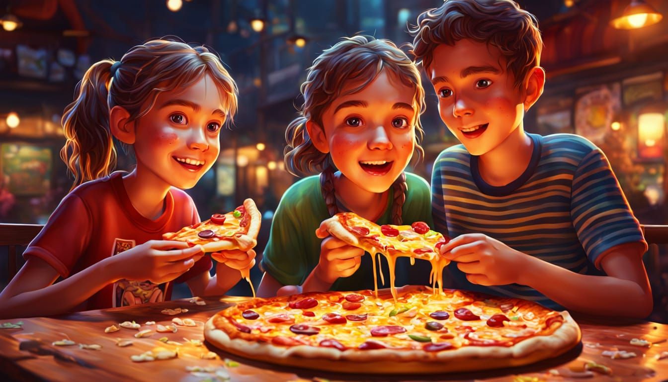 Joyful Kids Enjoying Pizza in Cozy Restaurant