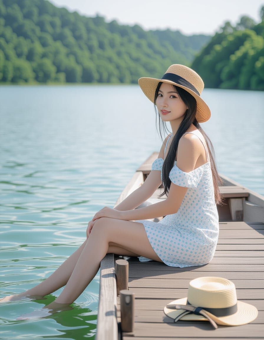 Woman Swimming in Ocean with Tropical Island Background