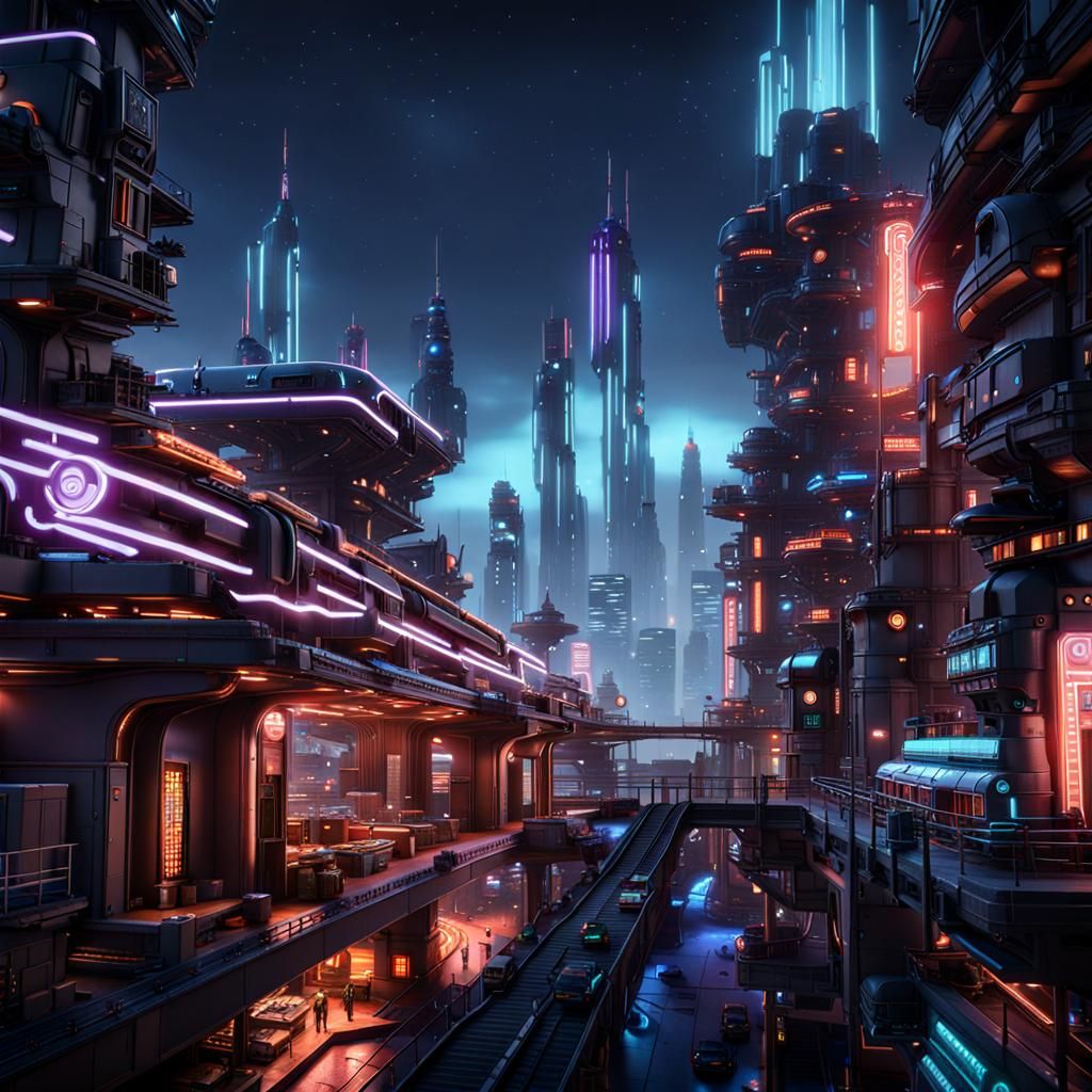 Nighttime Cityscape retrofuturism Unreal Engine 5 biopunk sci-fi  by @lanetkedi