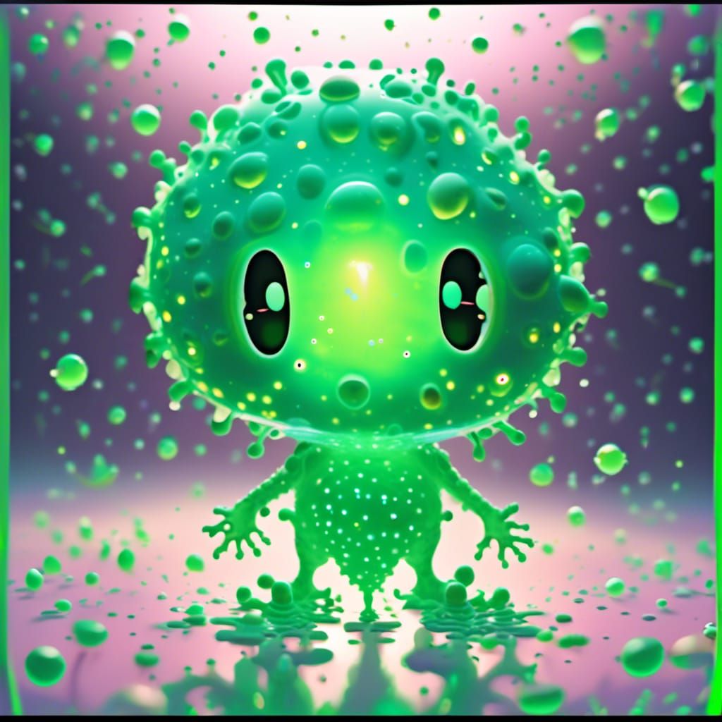 Photograph portrait, All glowing bioluminescent green dibutyl phthalate filligree amoeba, 3D objective projection, Adorable baby chibi amoeb...