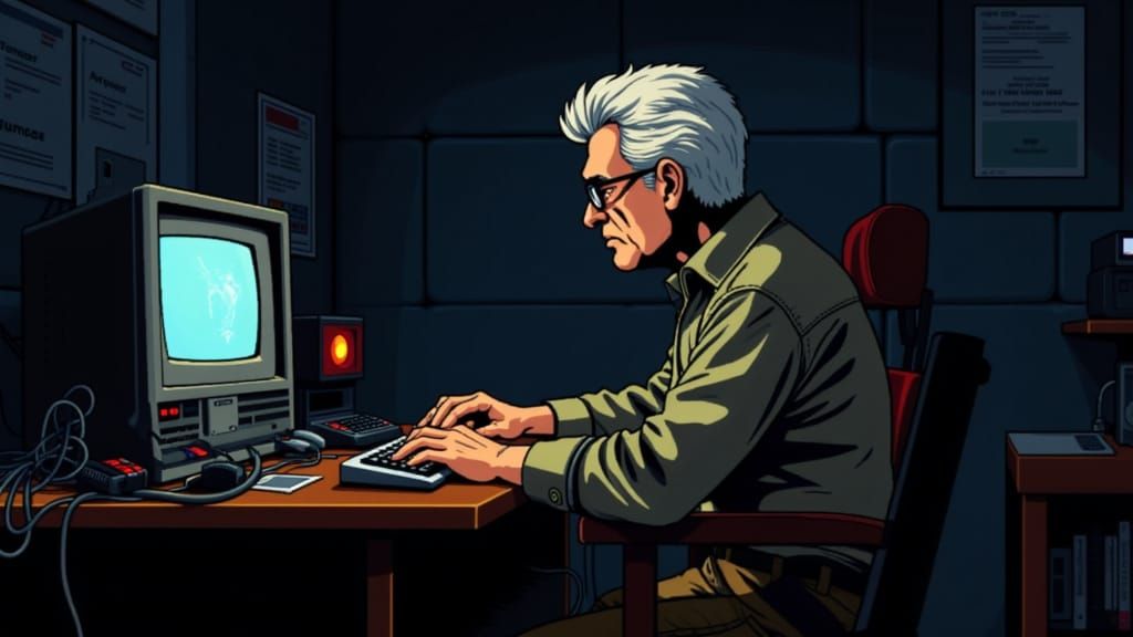 <lora:Retro VG Pixel Art:1.0> A 50   year old grey haired man siting at a desk with a vintage computer with wires, lights, in a dark room wi...