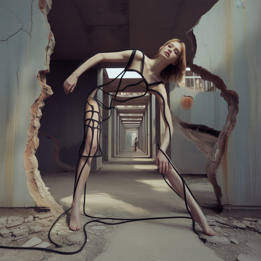 Fashion Model Mirrored in Ruined Architecture