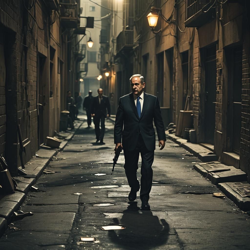 Dramatic Film Noir of Man Walking with Gun