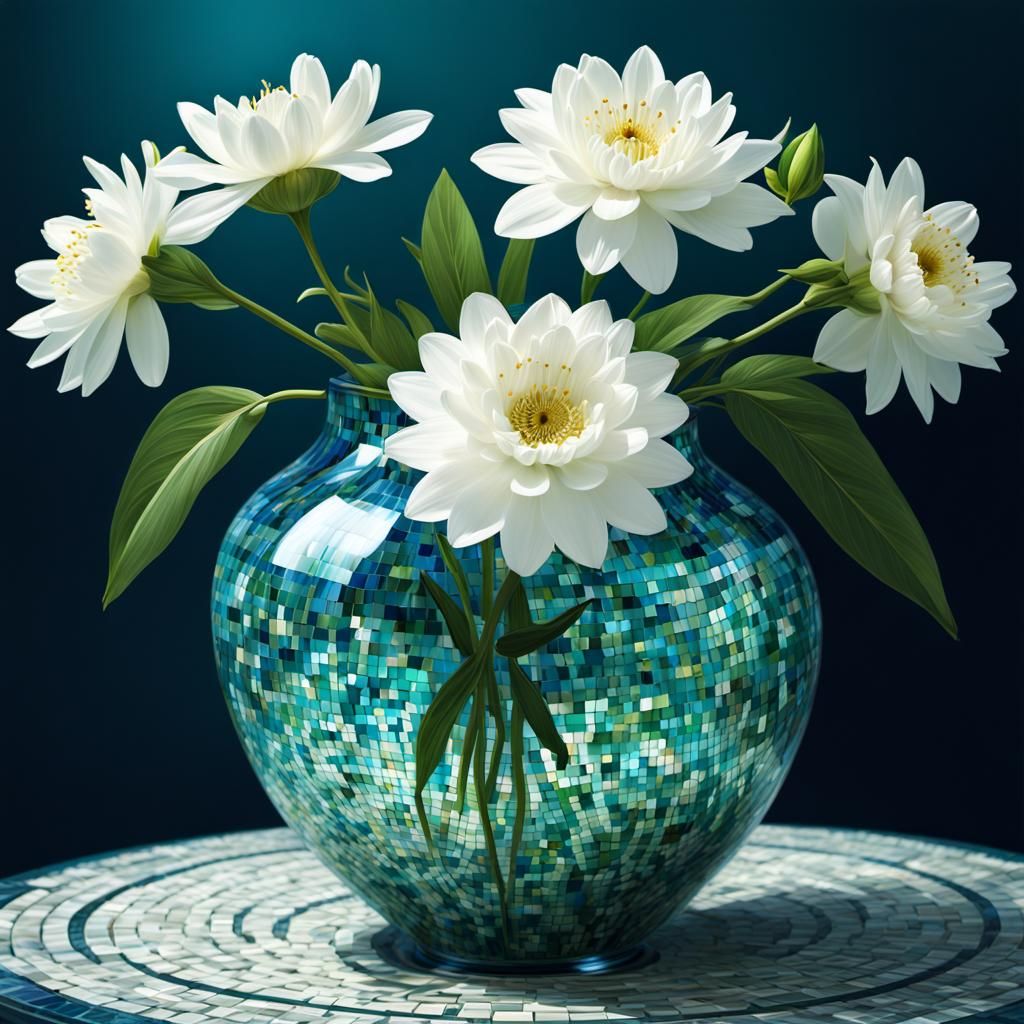 White mixed flower in a Blue green mosaic vase,round glass p...