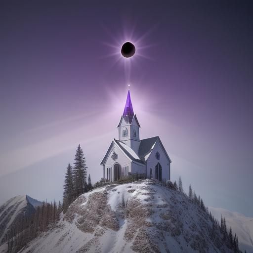 a purple church on top of a snowclad mountain with two bald ...