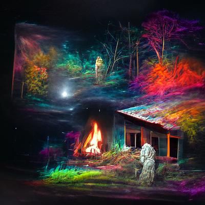 cottage in woods at night with bonfire